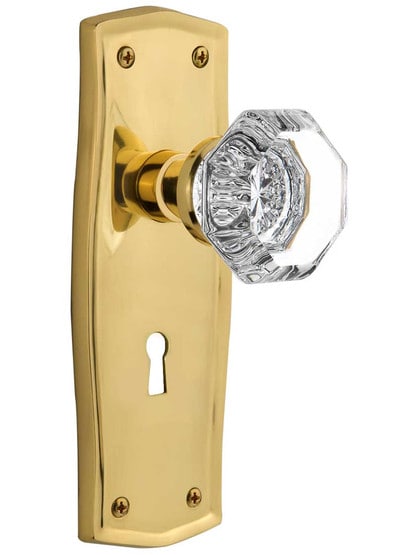 Prairie Style Door Set With Octagonal Crystal Glass Door Knobs in Un-Lacquered Brass .